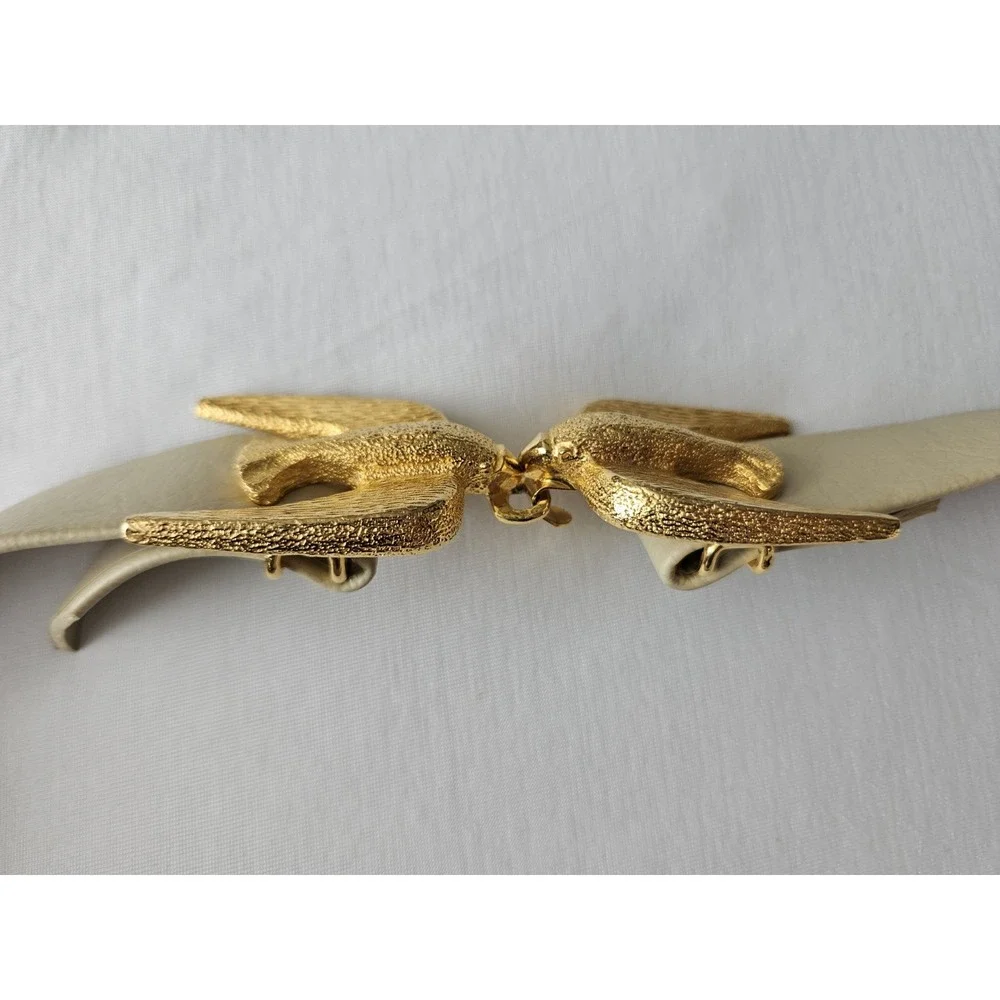 Vtg 1973 Mimi Di N Ivory Cream Leather Gold Buckle Love Birds Sparrows Belt - Picture 12 of 12
